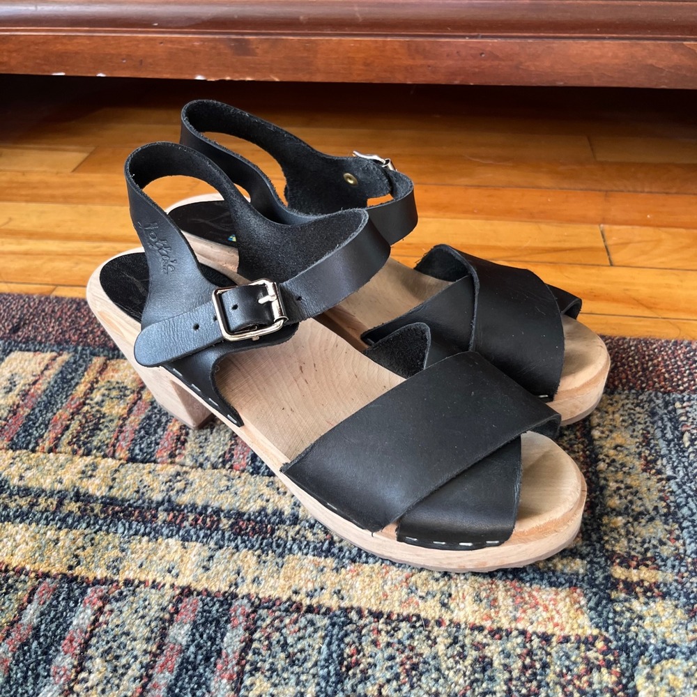 Lotta's from Stockholm Women's Black Leather Strappy Sandal Peep Toe Clogs EU 37